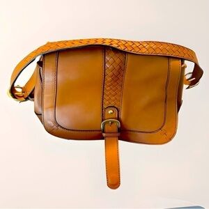 LL Bean Signature Tan Leather Shoulder Bag Braided Strap